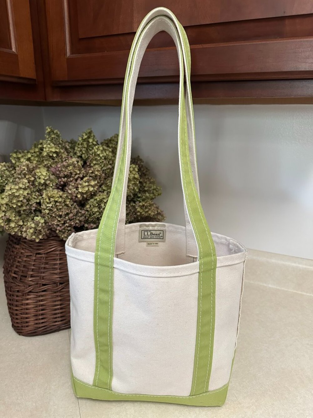 Vintage L.L. Bean Boat and Tote Bag Long Handle Light Green Stiff Canvas PREPPY
